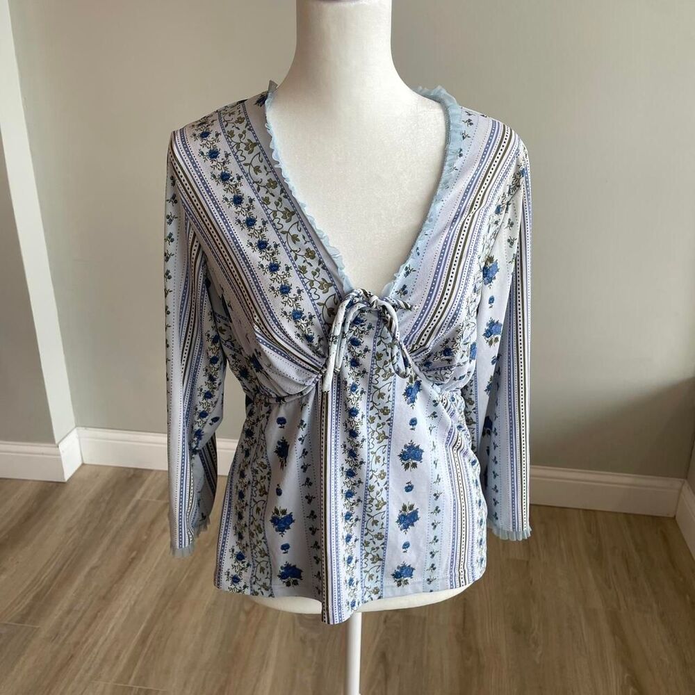 Y2K No Boundaries Women's XL Blue Floral Striped Print Wallpaper Peasant Blouse